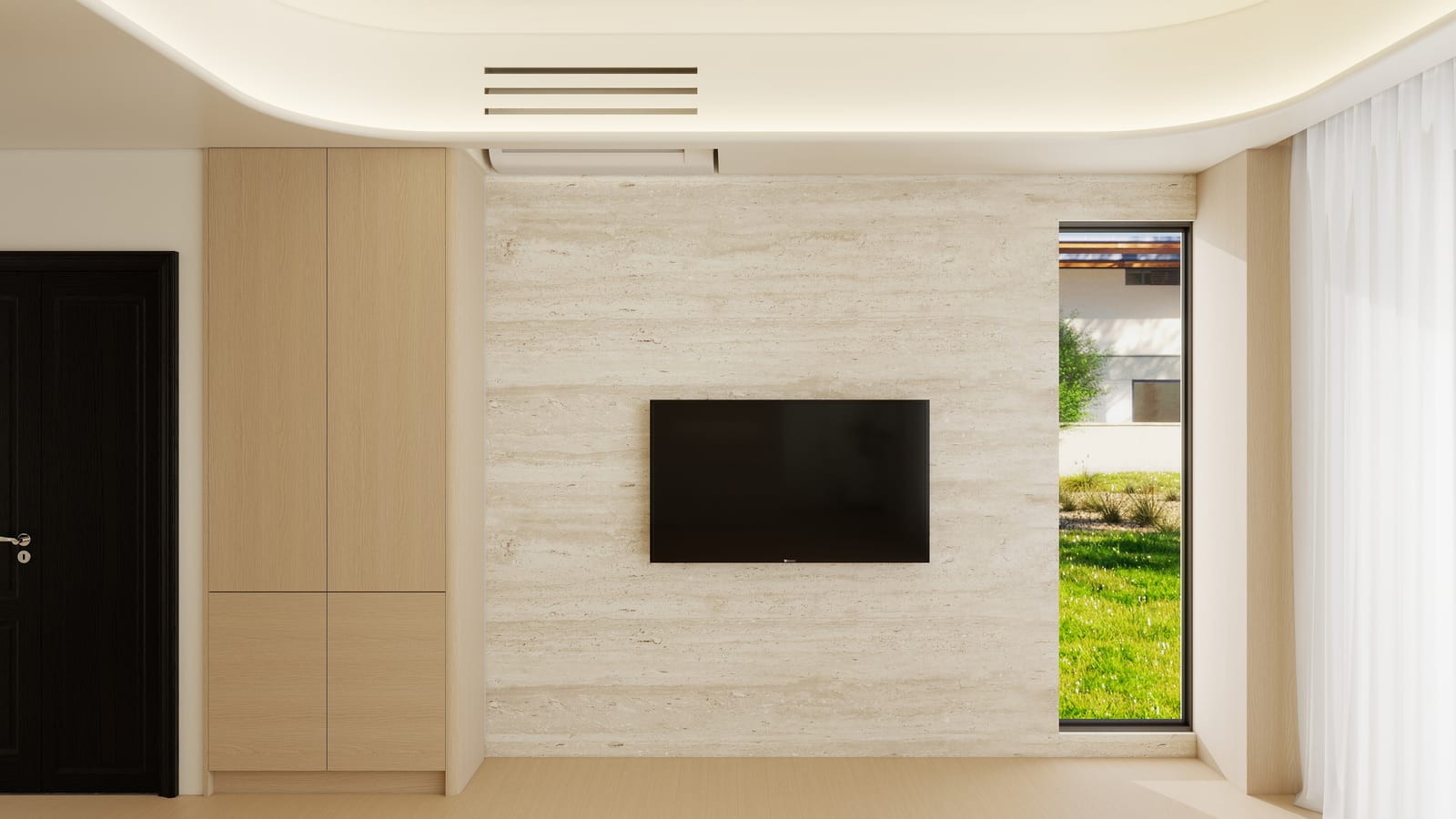 The travertine living-room wall.