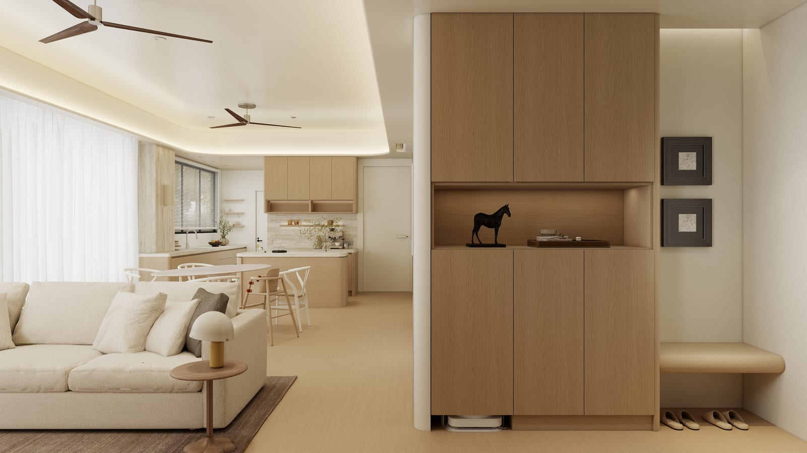 The Curve interior — living room, foyer, and curated cabinet wall under the curved ceiling cove.