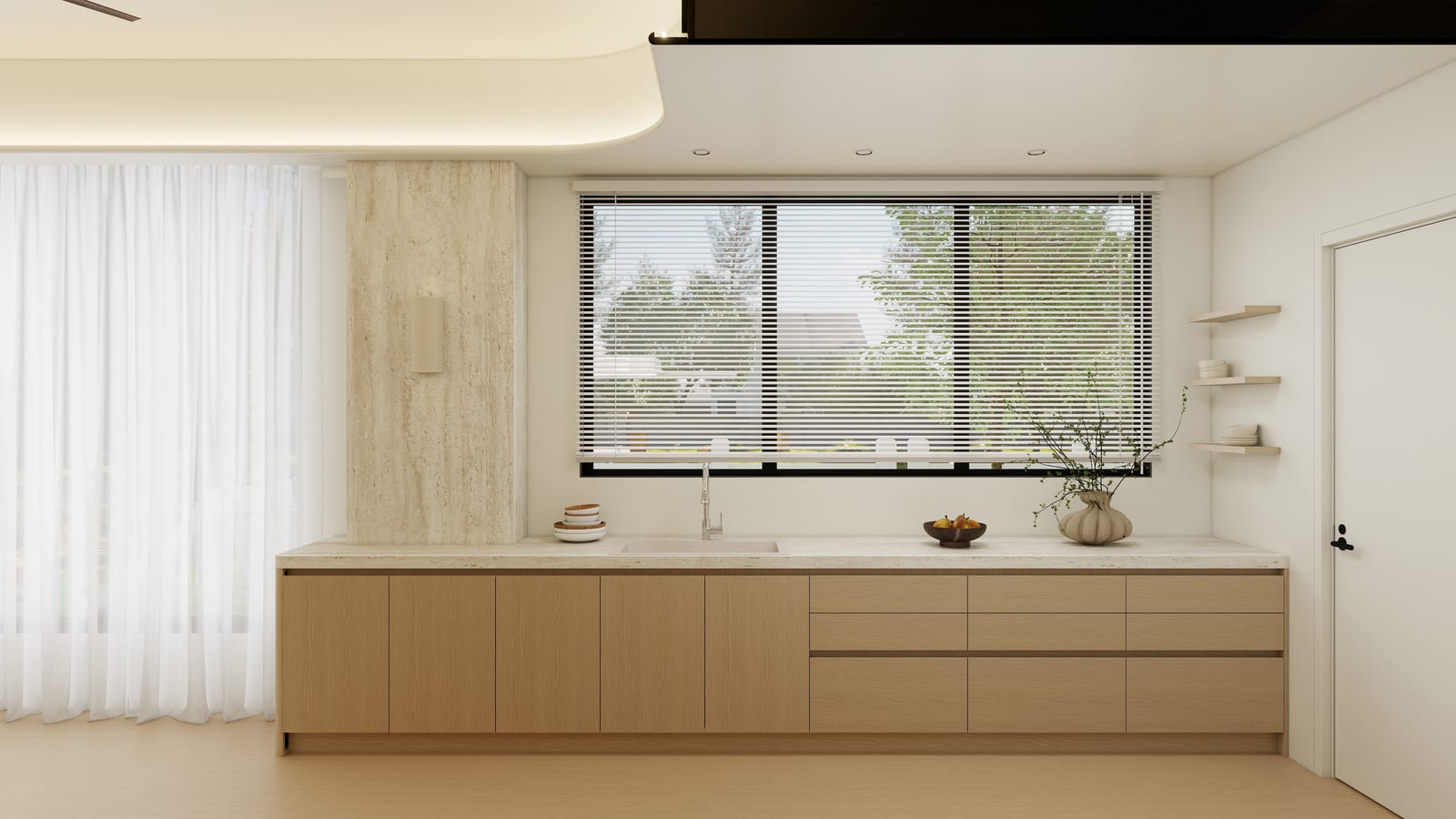 The dry kitchen, looking out.